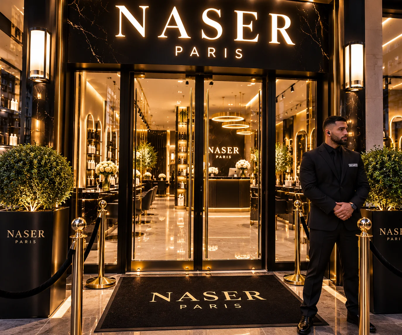 Visuel d'illustration : l'entrée de NASER PARIS, portes vitrées, tapis à l'enseigne du salon et accueil