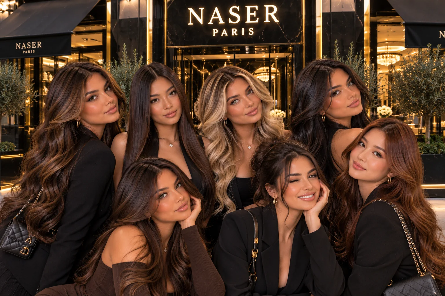 Visuel d'illustration : sept femmes aux coiffures variées, blond, brun, châtain et cuivré, devant la façade de NASER PARIS