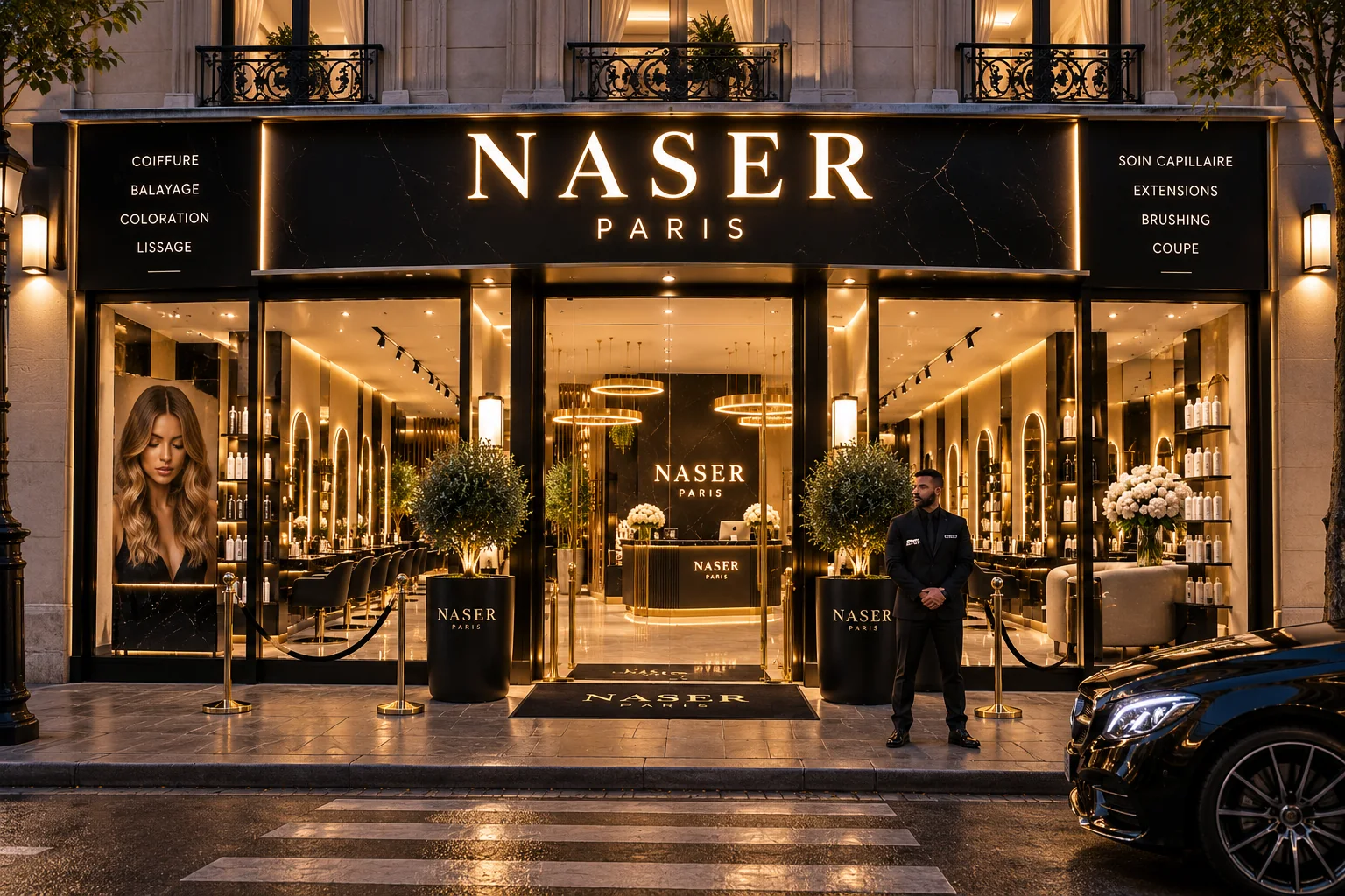Visuel d'illustration : la façade noire et or de NASER PARIS de nuit, son enseigne lumineuse et son entrée