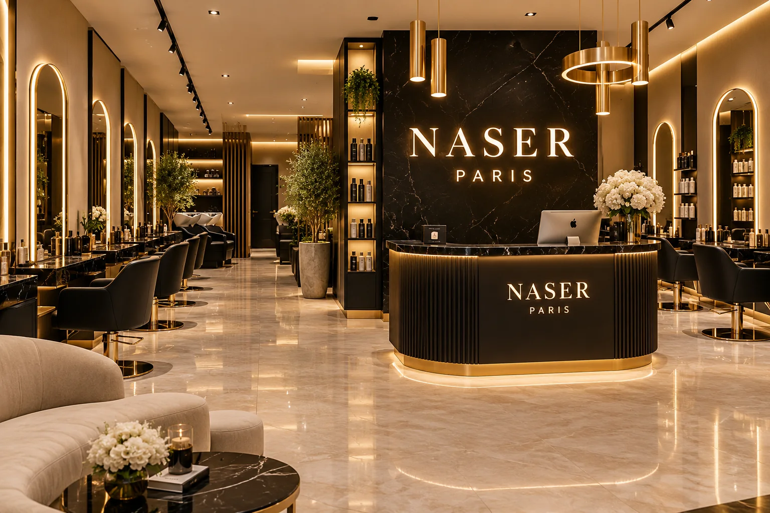 Visuel d'illustration : l'intérieur du salon, accueil en marbre noir, miroirs lumineux et fauteuils